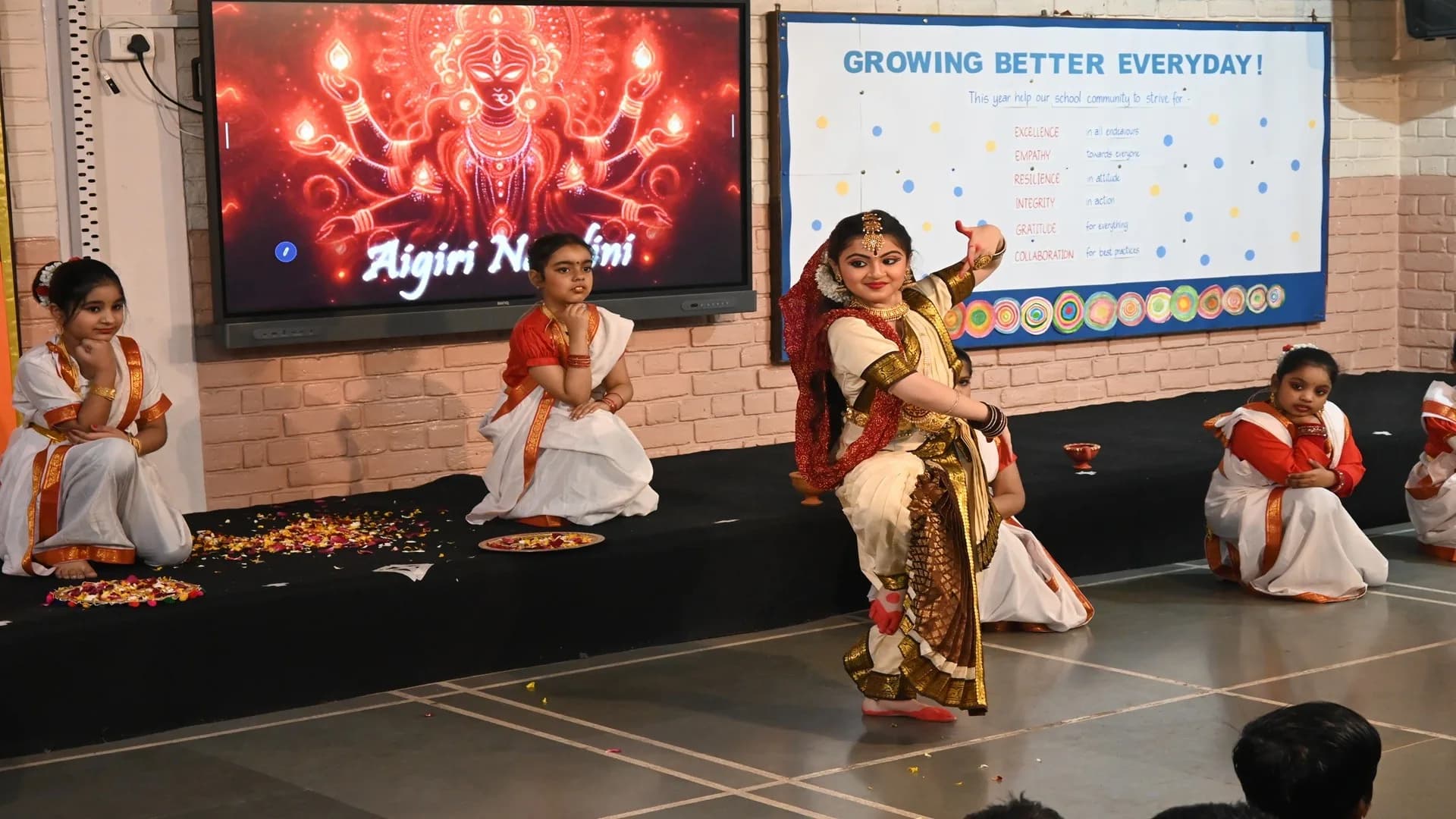 Students performing a classical dance at a Salwan Junior School assembly
